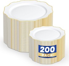 200PCS White and Gold Plastic Plates - Gold Plastic Plates - Include 100 Dinner