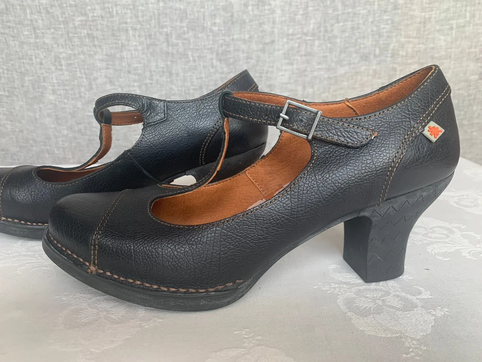 Escarpins THE ART COMPANY retro, vintage 40 - CUIR NOIR TALONS CAOUTCHOUC NEUVES - Photo 3/4