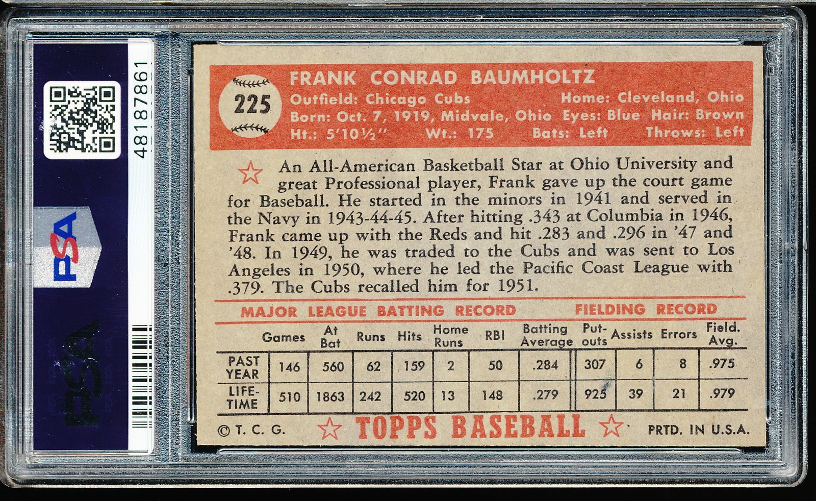 1952 Topps Frank Baumholtz #225 PSA 8 - Cubs view 2