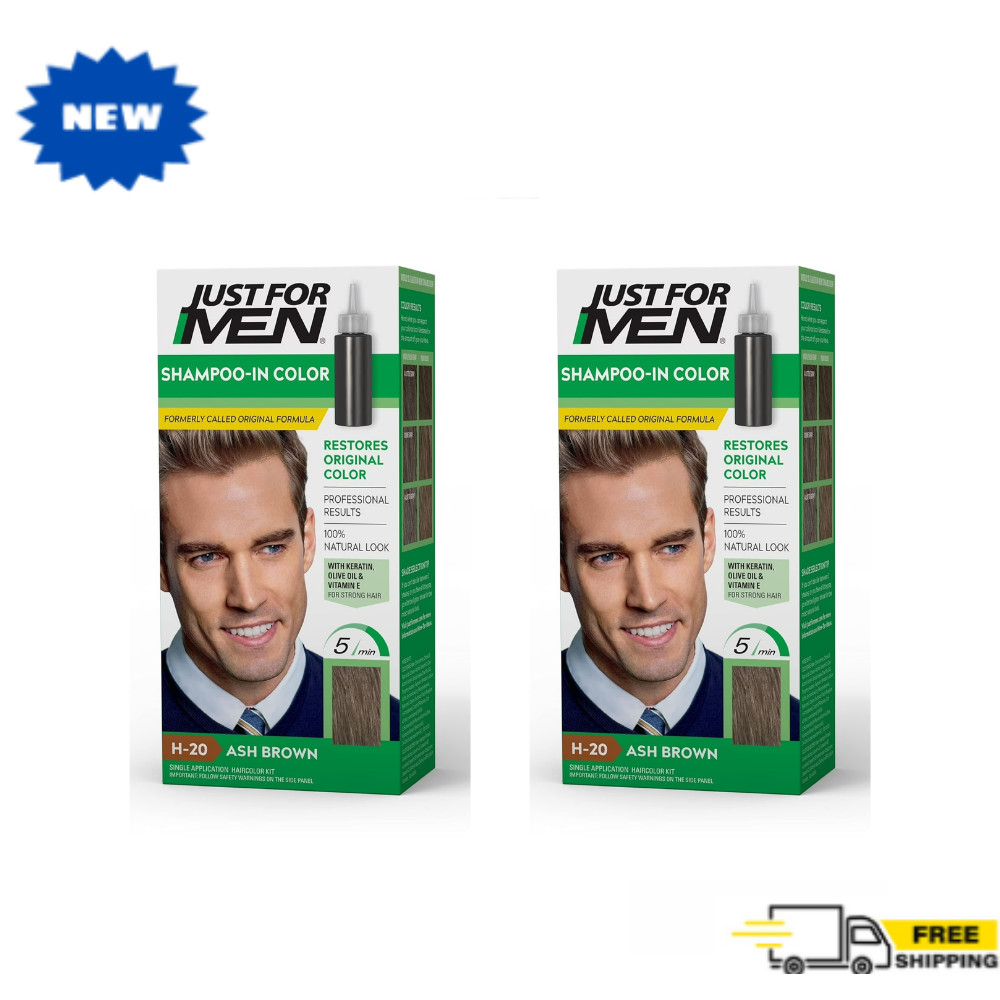 2pk Just For Men Shampoo-In Hair Color, H-20 Ash Brown Men's Hair Dye Gray Cover