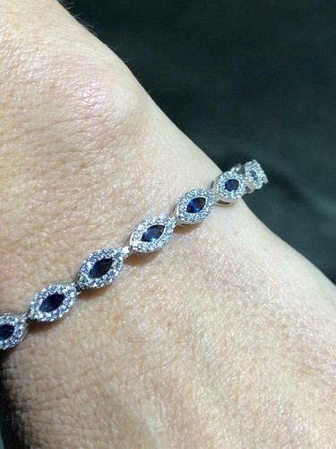 "Pulsera de tenis Halo Marquesa zafiro azul y blanco platino plata esterlina de 7" - Imagen 2 de 8