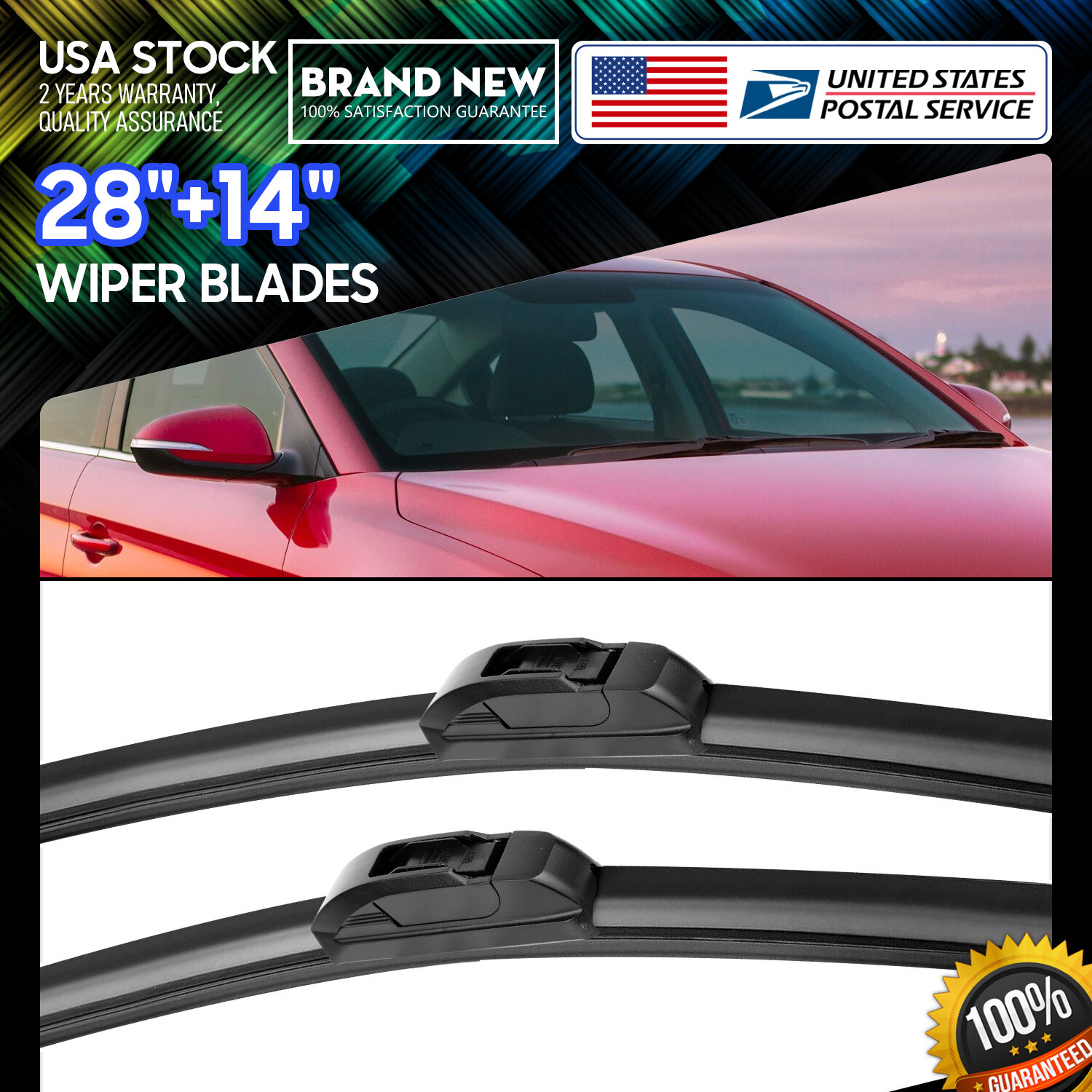 28''+14'' OEM Quality Bracketless Windshield Wiper Blades J-Hook Pair All Season