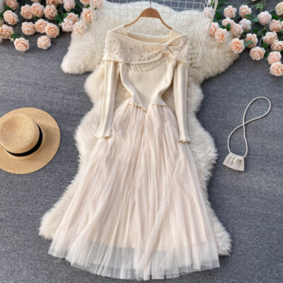 Women Pleated Mesh Knit Dress Splice Long Sleeve Beads Tassel Fairy Elegant Chic | eBay Women Pleated Mesh Knit Dress Splice Long Sleeve Beads Tassel Fairy Elegant Chic | eBay