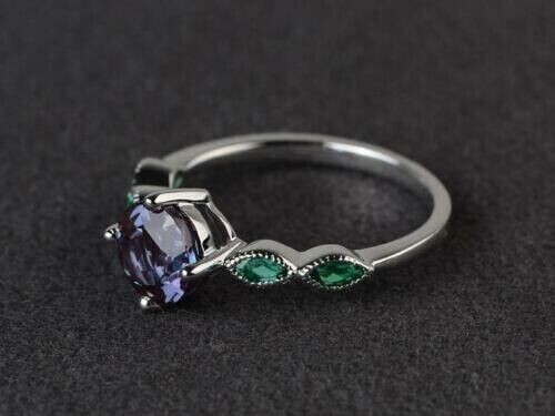 2.25CT Round Lab Created Alexandrite Diamond Wedding 14k White Gold Finish Ring - Picture 3 of 11