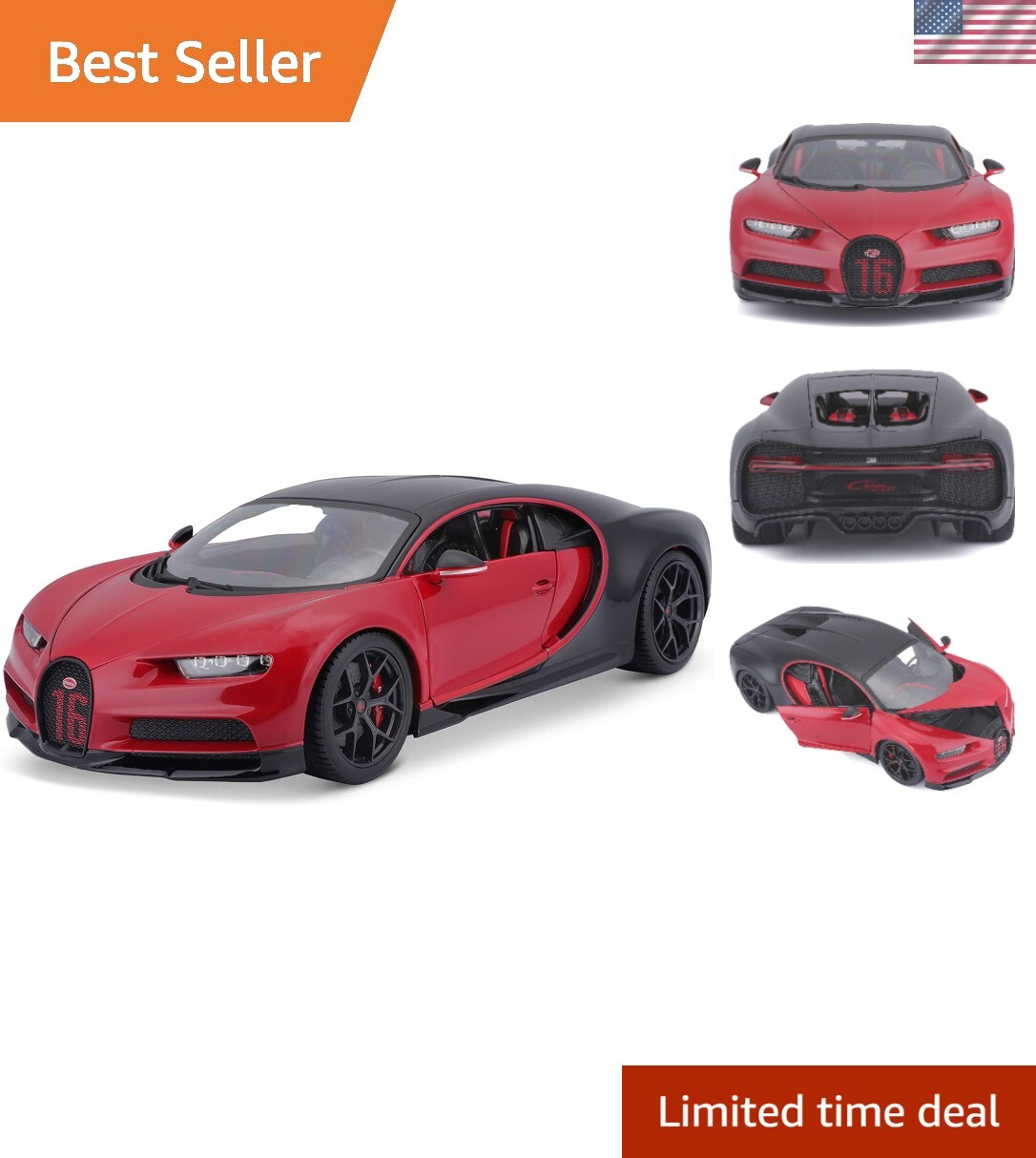 Maisto 1/18 Bugatti Chiron Sport Diecast Model Car Black and Red