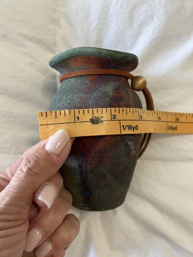RAKU POTTERY VASE Handmade in Arizona 5" Tall | Leather Trim - Picture 9 of 9