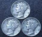 1941 P D S (3 PIECE LOT) Mercury Silver Dimes CIRCULATED GOOD / VG FREE SHIPPING