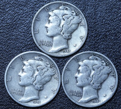 1941 P D S (3 PIECE LOT) Mercury Silver Dimes CIRCULATED GOOD / VG FREE SHIPPING