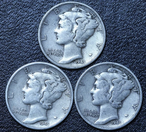 1941 P D S (3 PIECE LOT) Mercury Silver Dimes CIRCULATED GOOD / VG FREE SHIPPING