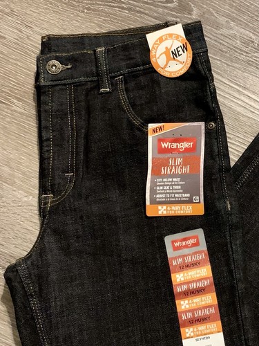 Wrangler Boys Denim Black 4-Way Flex Slim Straight Comfort Jeans Size 12 Husky - Picture 9 of 12