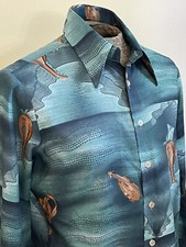 1970s Blue Flying Ukulele Mandolin Disco long sleeve button Dagger Collar shirt
