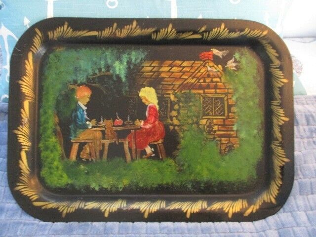 Hand Painted Antique Tole Tray w/Colonial Couple, White Doves, & Kitty Cat