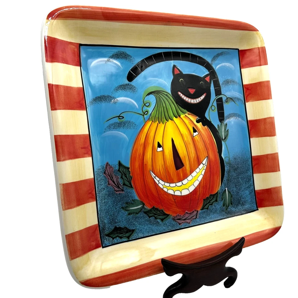 Plato de cena cuadrado Jack O' Lantern de gato negro de Halloween 11" Wendy Bentley Foto 2 de 4