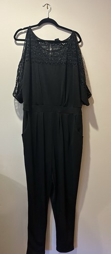 City Chic Plus Size XL/22 Black Lace Cut Out Shoulder Jumper Jumpsuit - Picture 2 of 8