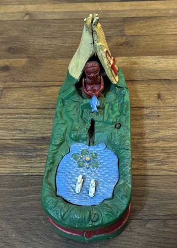 Vintage Chief Big Moon Cast Iron Mechanical Coin Bank - Sharp Colors - Working - Picture 5 of 18