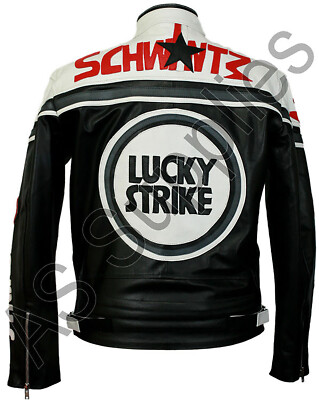 LUCKY STRIKE Leather Motorcycle Jacket - Black/White - Classic
