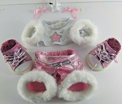 BABW Outfit Shoes Top Pants Ear Ribbons Faux Fur Pink White Sparkling Metallic