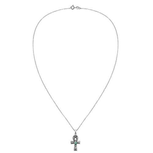 Eternal Life Sterling Silver Egyptian Ankh Green Turquoise Inlay Necklace - Picture 4 of 6
