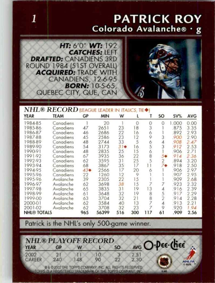 2002-03 O-Pee-Chee Patrick Roy #1 - Image 2 of 2