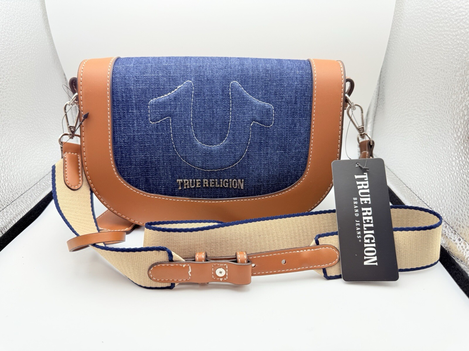 NWT Original TRUE RELIGION Flap Denim Saddle Crossbody Bag Stitched Blue Brown