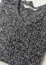 Athleta Wool Cashmere Cable Knit Sweater Black White Marled V-Neck Side Zip S