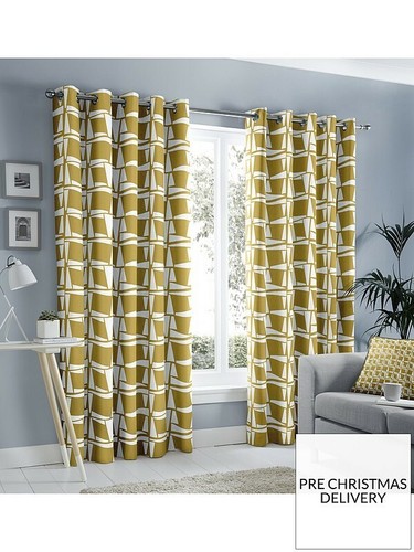 Fusion "Capella" Geometric 100% Cotton Fully Lined Eyelet Curtains Ochre - 第 1/5 張圖片