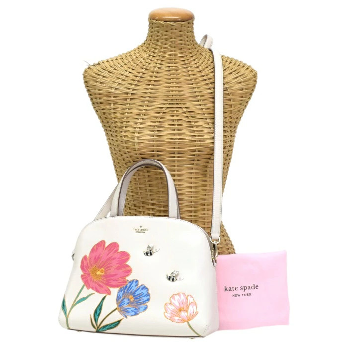 Kate Spade Leather Flower Shoulder Bag White Multi Excellent 12in (30cm) Crossbo