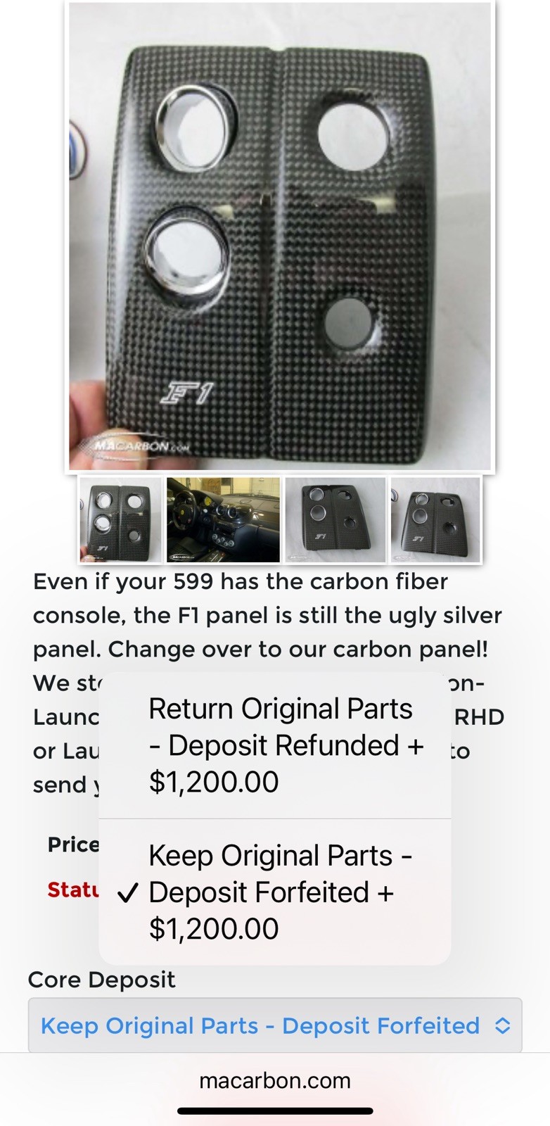 Ferrari 599 Carbon fiber Console and F1 Insert in CF from MaCarbon