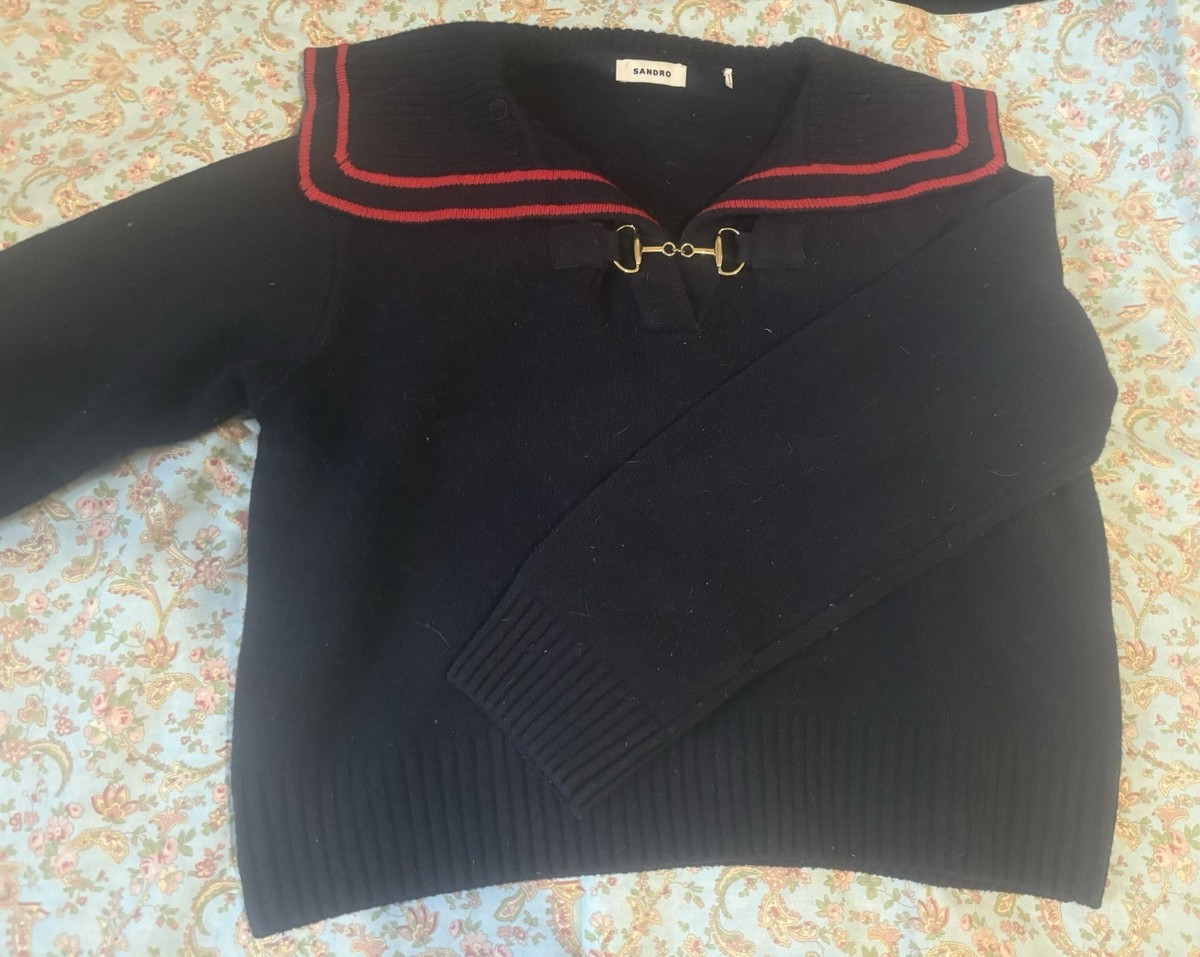 Sandro Navy Pullover Sweater M 100% Wool Gold Hardware Striped 