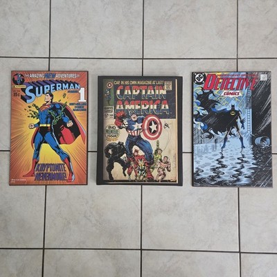 DC Comics Wall Art Lot   Superman Batman Wood Panels & Captain America Canvas