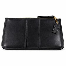 Coach Black Leather Wristlet Zip Pouch Clutch Signature Lining 8"embossed Vtg