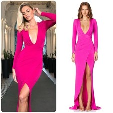 NWT Nookie Sz S Cerise Pink Farrah Long Sleeve Slit V-Neck Cocktail Party Gown