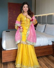 Exclusive Look Yellow Organza Silk Top Palazzo With Dupatta For Women wear