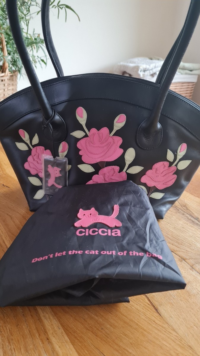 Ciccia Black Leather Handbag with Roses Collectible Fashion with