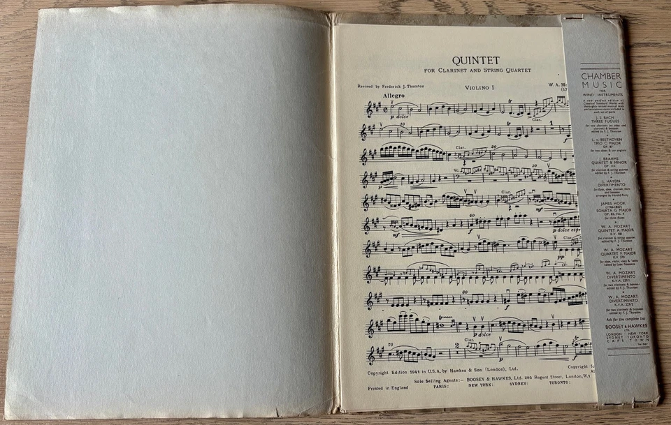 MOZART CLARINET QUINTET KV 581 SHEET MUSIC (1952) ALL PARTS ENGLAND - Image 2 of 4