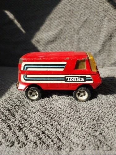 Vintage 70s TONKA 55450 Red 5" Pressed Steel Van Orange Blue Stripes USA Mini