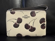 COACH Corner Zip Wristlet, Smooth Leather/Silver/Chalk Multi w/Cherry Print NWT 