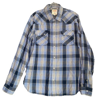 Levi's Mens Shirt L Modern Blue Plaid Western Pearl Snap Long Sleeve Rockabilly