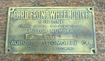 #ad 1936 1937 Cord 810 812 Engine Data Plate FD 4093 Lycoming $385.00
