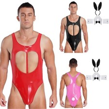 Mens Jumpsuit Thong Catsuits Shiny Bodysuit 4 Pieces Nightwear Hollow Out Party
