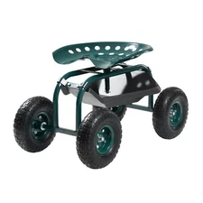 Outdoor Rolling Garden Cart with Swivel Seat All-Terrain Wheels Tool Tray 300lbs