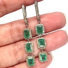 Emerald Dangle Drop Earring Diamond Earring 925 Silver Earring Handmade Earring