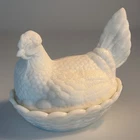 Antique Milk Glass Large Nesting Chicken Hen on Basket Covered Dish 7" x 5.5"