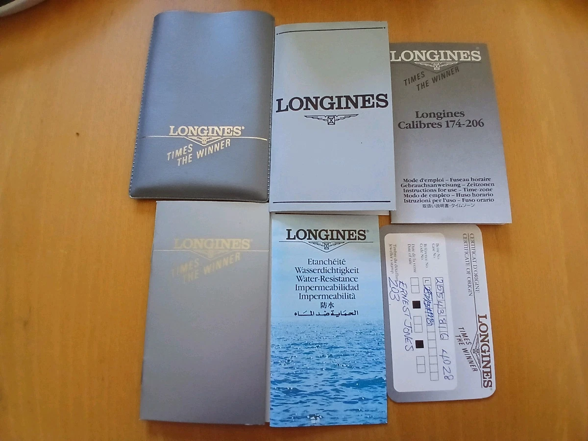 Tarjeta de garantía Longines 1992 de colección, folleto de instrucciones de servicio y funda