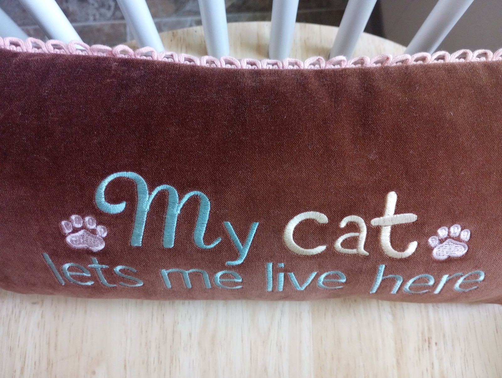 Layla's Velvet Pillow "My cat lets me live here" Loop Border Long Rectangle 7x16