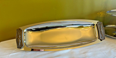 Vintage Art Deco Chrome Serving Tray w Bakelite Style Handles Streamline Modern