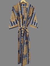 Indian Grey Pure Cotton Large Tiger Kimono Night Gown Night Robes Bridal Gown US