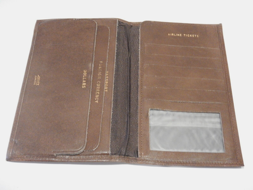 Vintage Amity Cowhide Leather Bifold Wallet Travel Airline Passport 7.25 x 4.5"