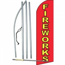 FIREWORKS Banner Flag Sign FLUTTER Complete 3' Kit with pole and ground spike