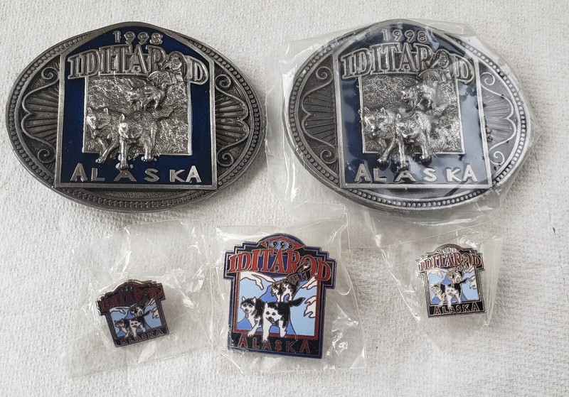 Iditarod 1998 Belt Buckles (2) , 1 Large Pin And 2 Small Pins